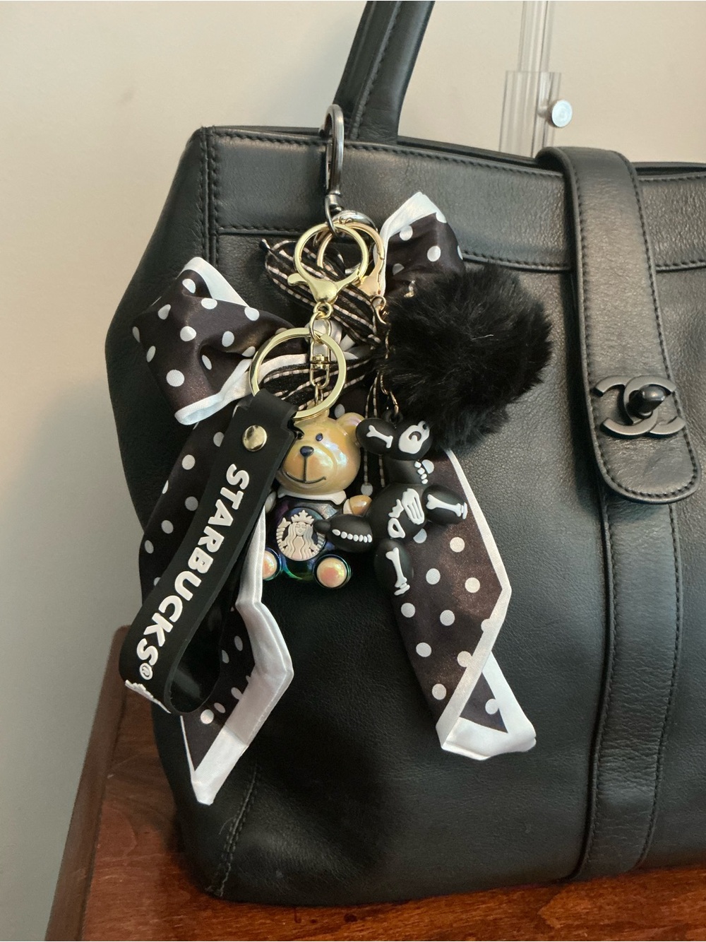 Halloween Coffee Bear Black & White Polka Dot Bow Key Charm w/Pom Skeleton Dog